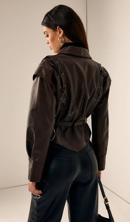 Tie-Waist Faux Leather Jacket In Brown