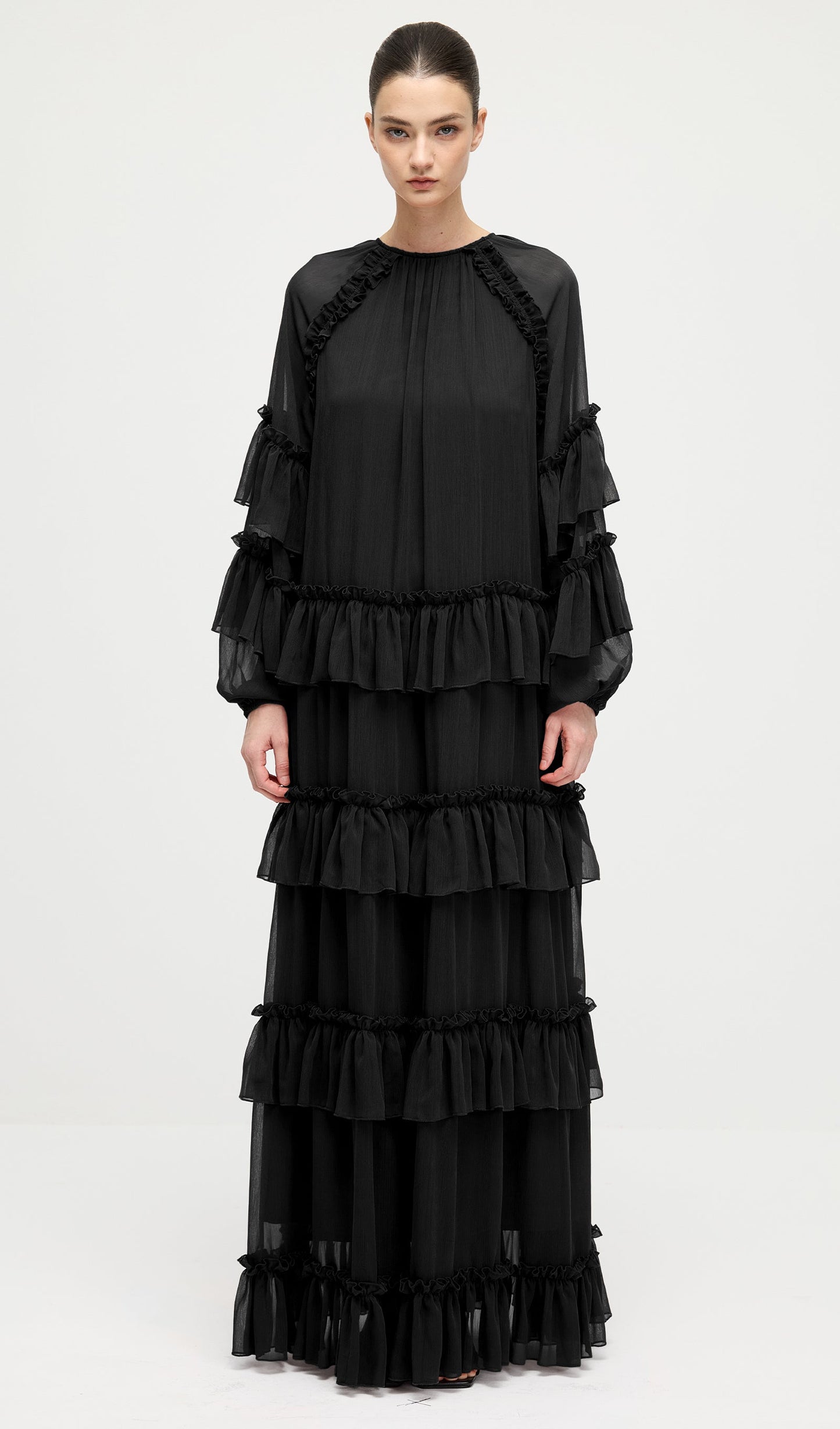 Ruffle Tiered Puff Sleeve Maxi Dress In Black