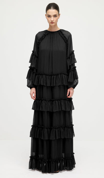 Ruffle Tiered Puff Sleeve Maxi Dress In Black