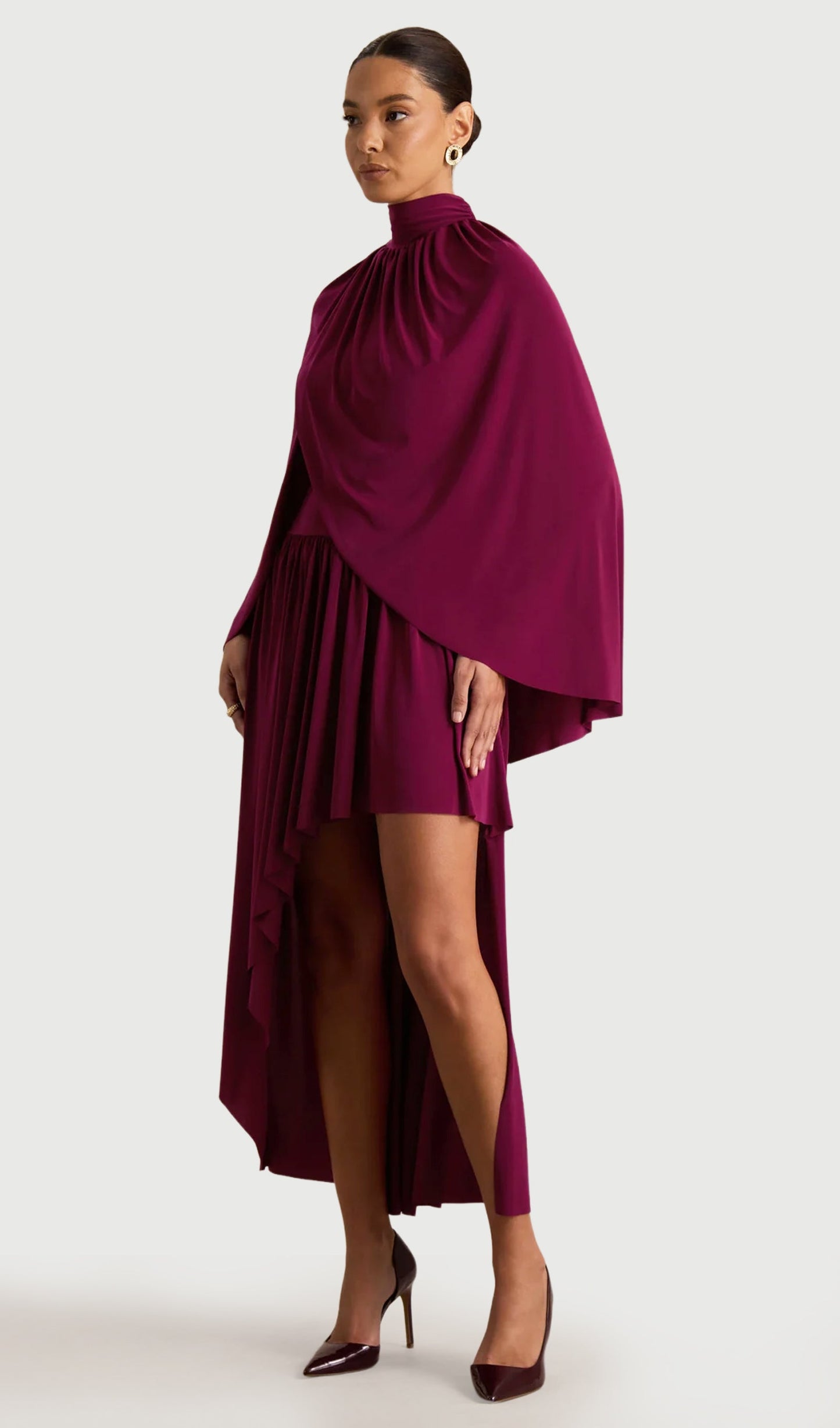 High-Neck Midi Dress With Cape-Sleeves