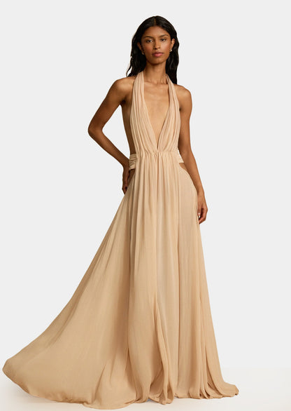 Backless Deep V Halter Neck Maxi Dress