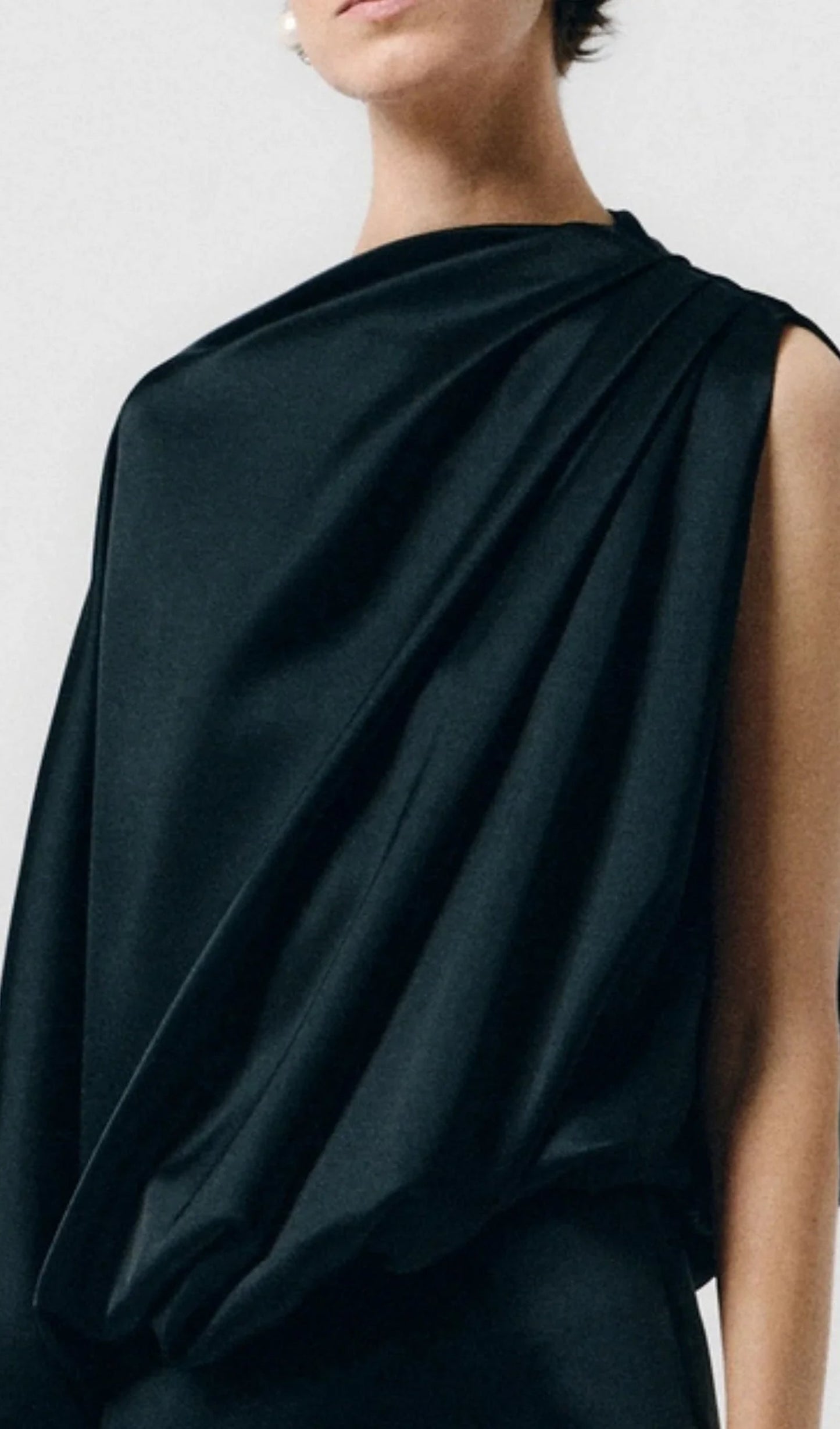 One Sleeve Draped Satin Maxi Dress In Green