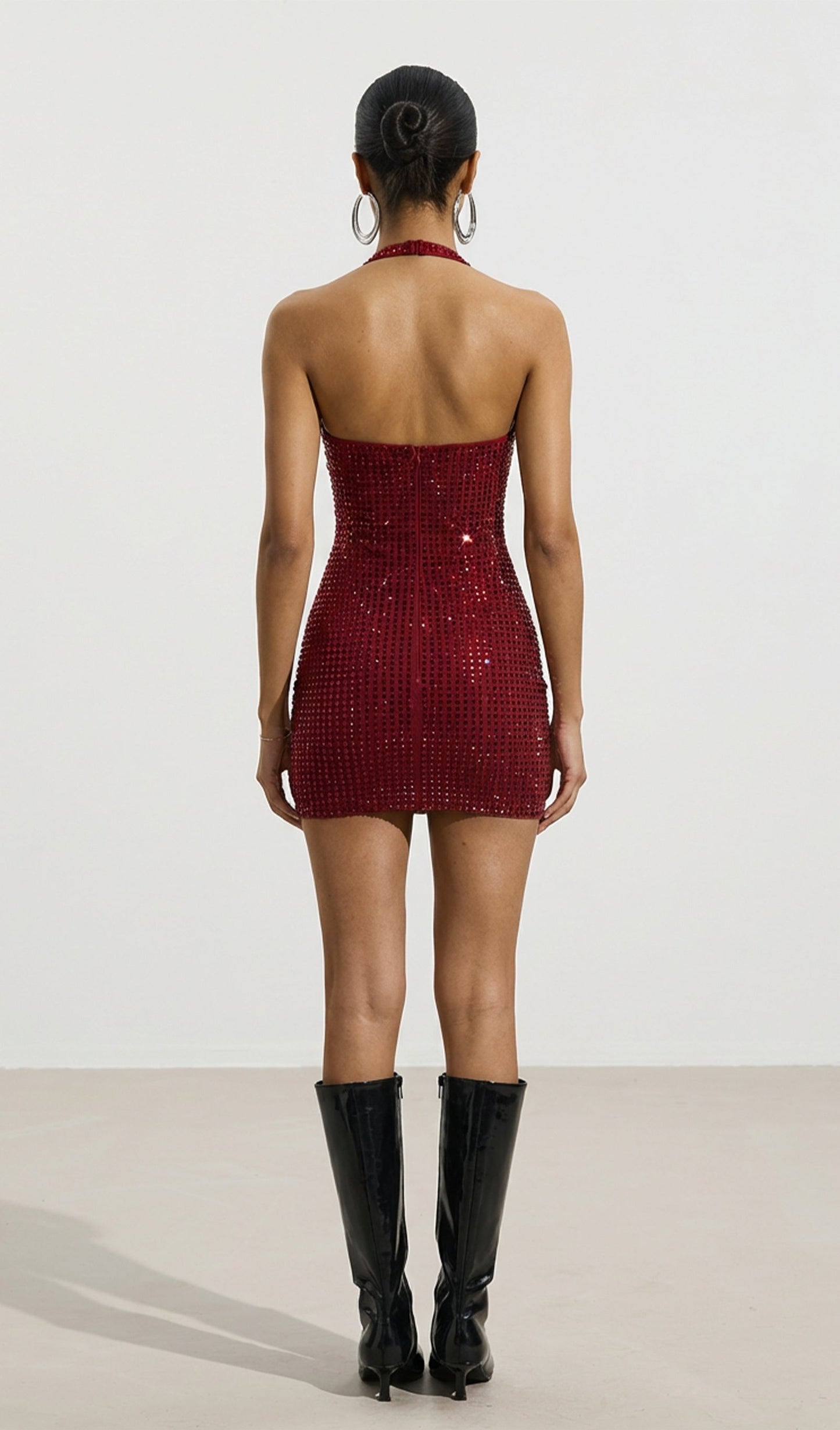 Embellished Halterneck Mini Dress In Claret