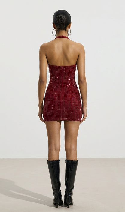 Embellished Halterneck Mini Dress In Claret