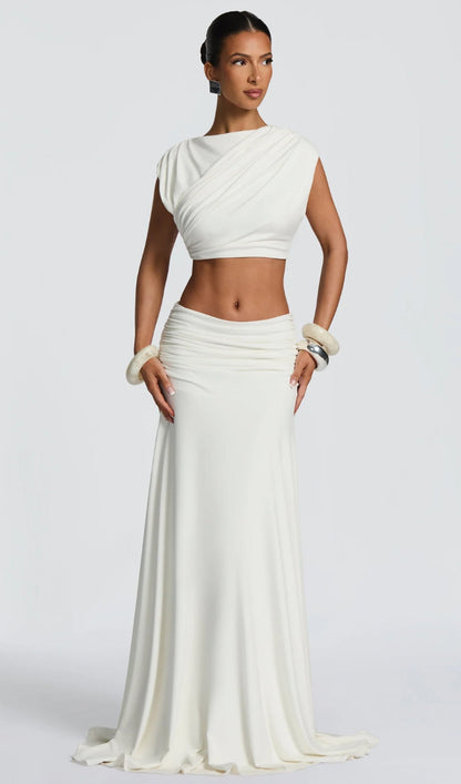 High Boat Neckline & Maxi Drape Skirt Set In Ivory