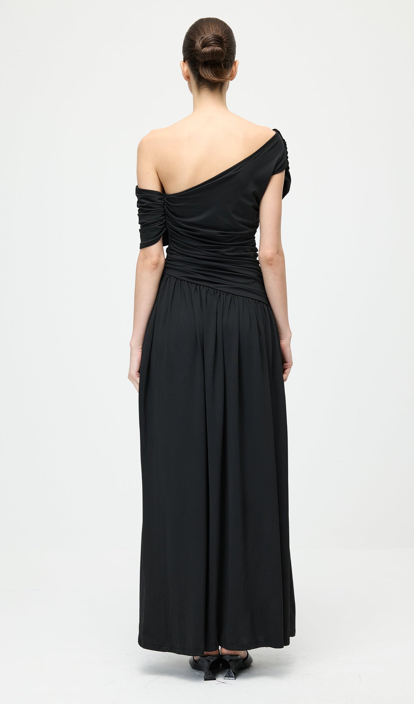 Black Off Shoulder Pleated Maxi Dress