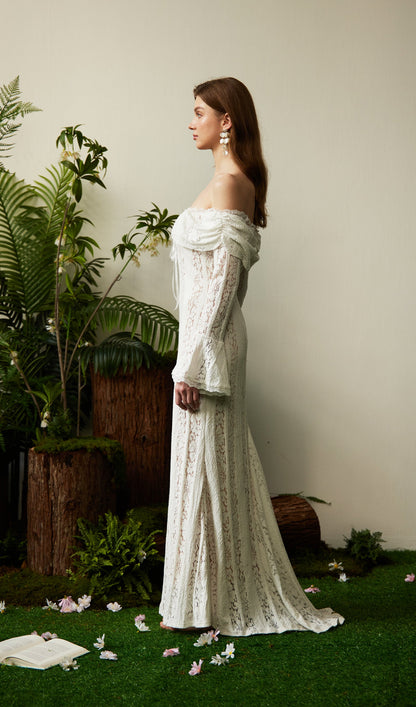Vintage Floral Lace Off Shoulder Maxi Dress