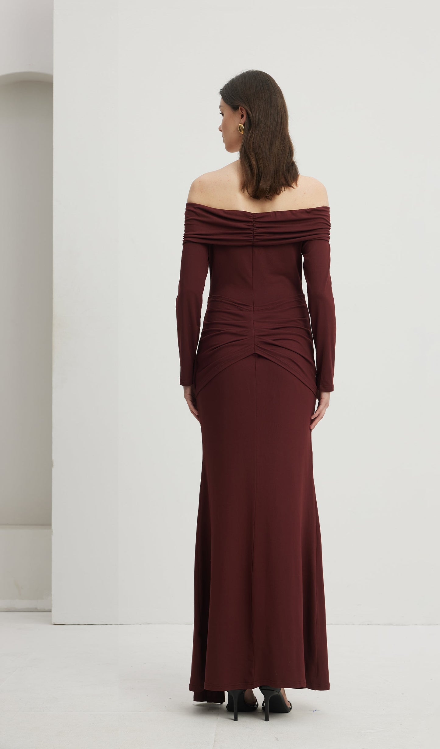Off Shoulder Ruffle Maxi Dress Reddish Brown