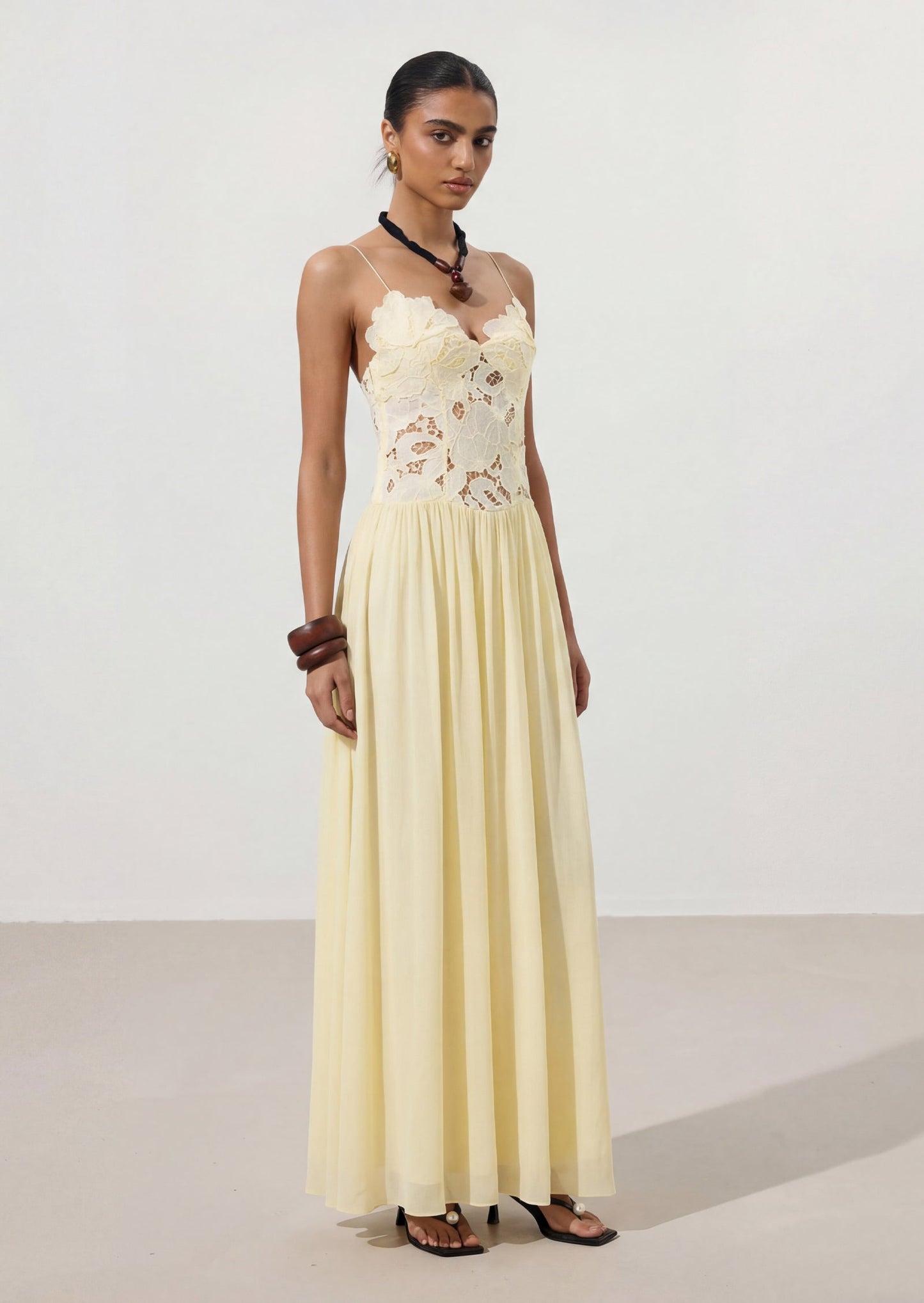 Stephanie Maxi Dress With Sheer Lace In Yellow