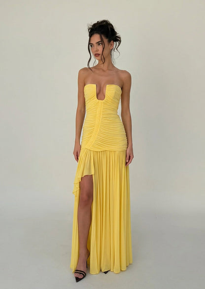 Arced Orion Strapless Maxi Dress In Yellow