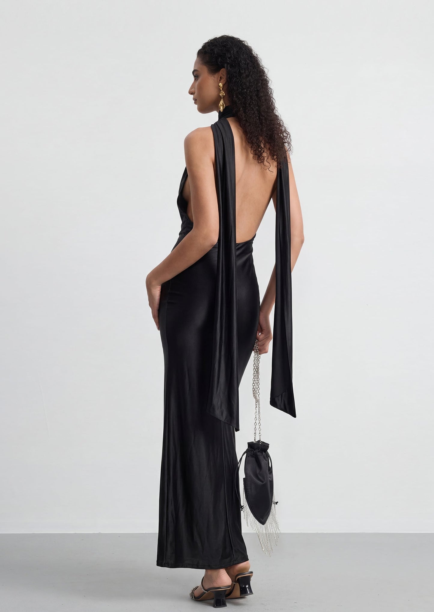 Athena plunging V Neck Satin Maxi Dress In Black