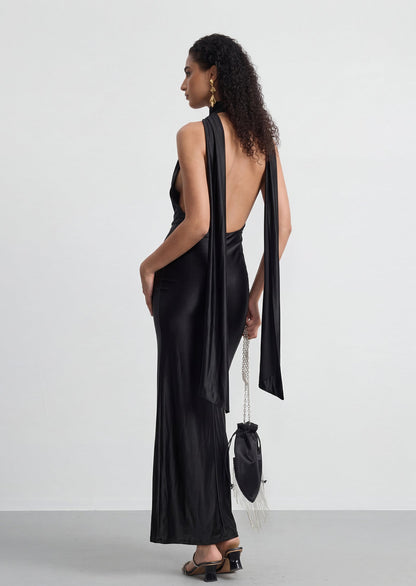 Athena plunging V Neck Satin Maxi Dress In Black