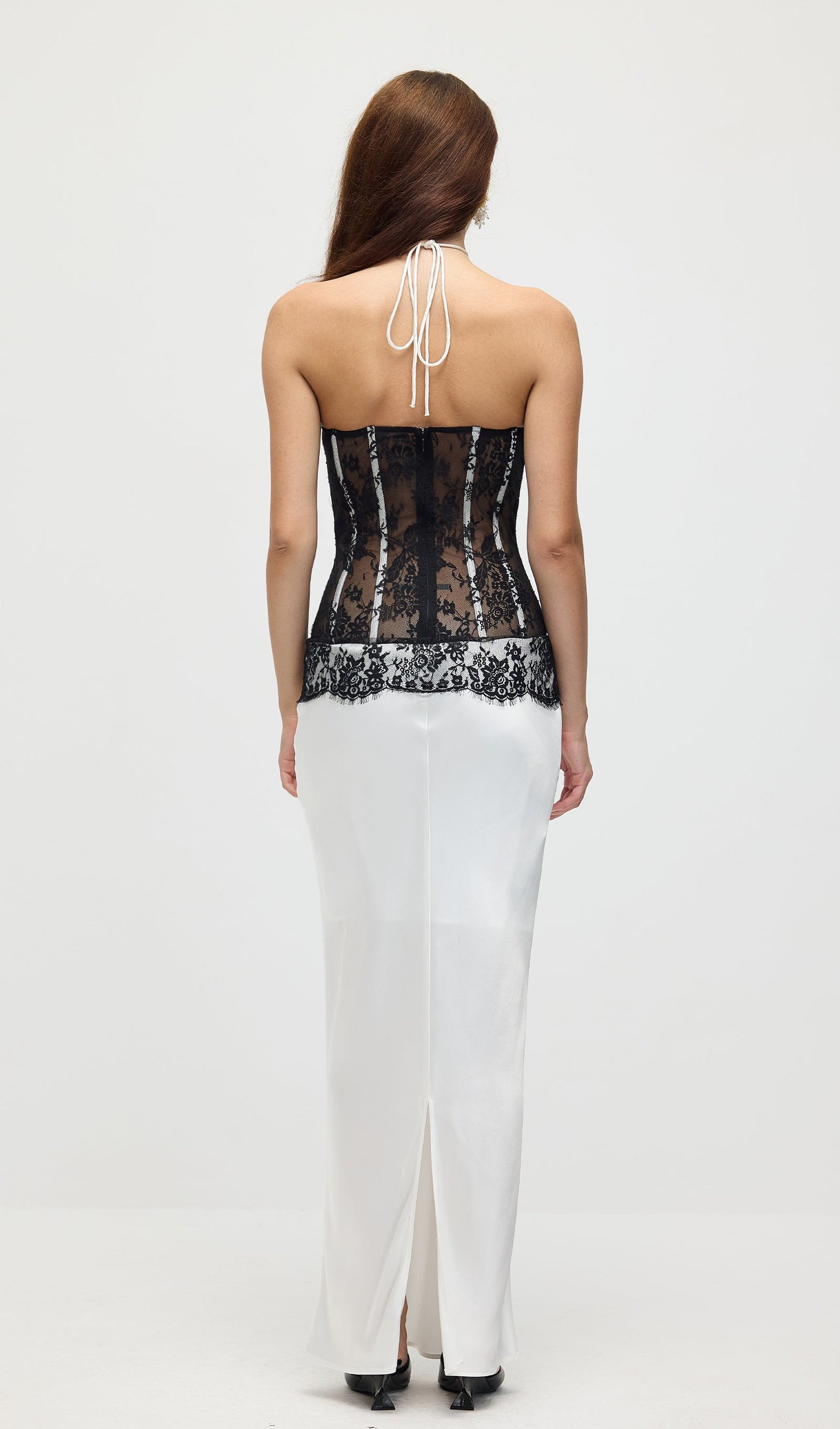 Satin And Lace Corset Midi Dress In White