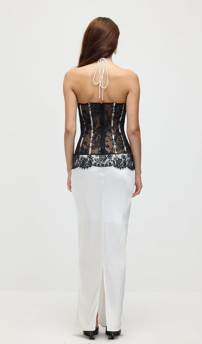 Satin And Lace Corset Midi Dress In White