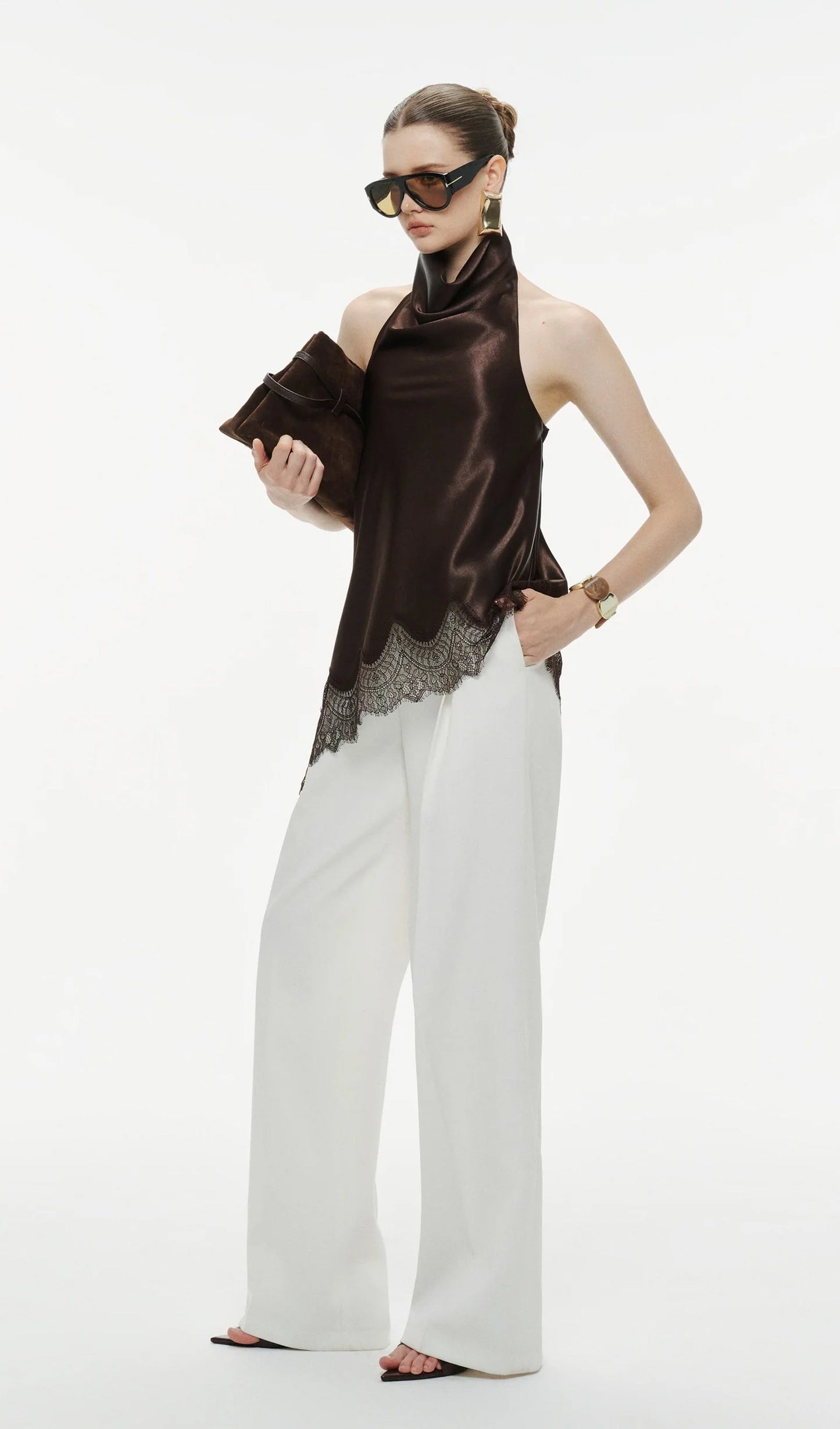 Silk Draped Halter Top In Brown
