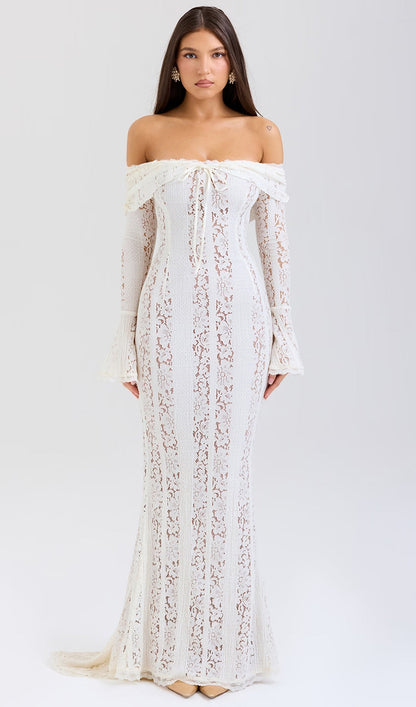 Vintage Floral Lace Off Shoulder Maxi Dress