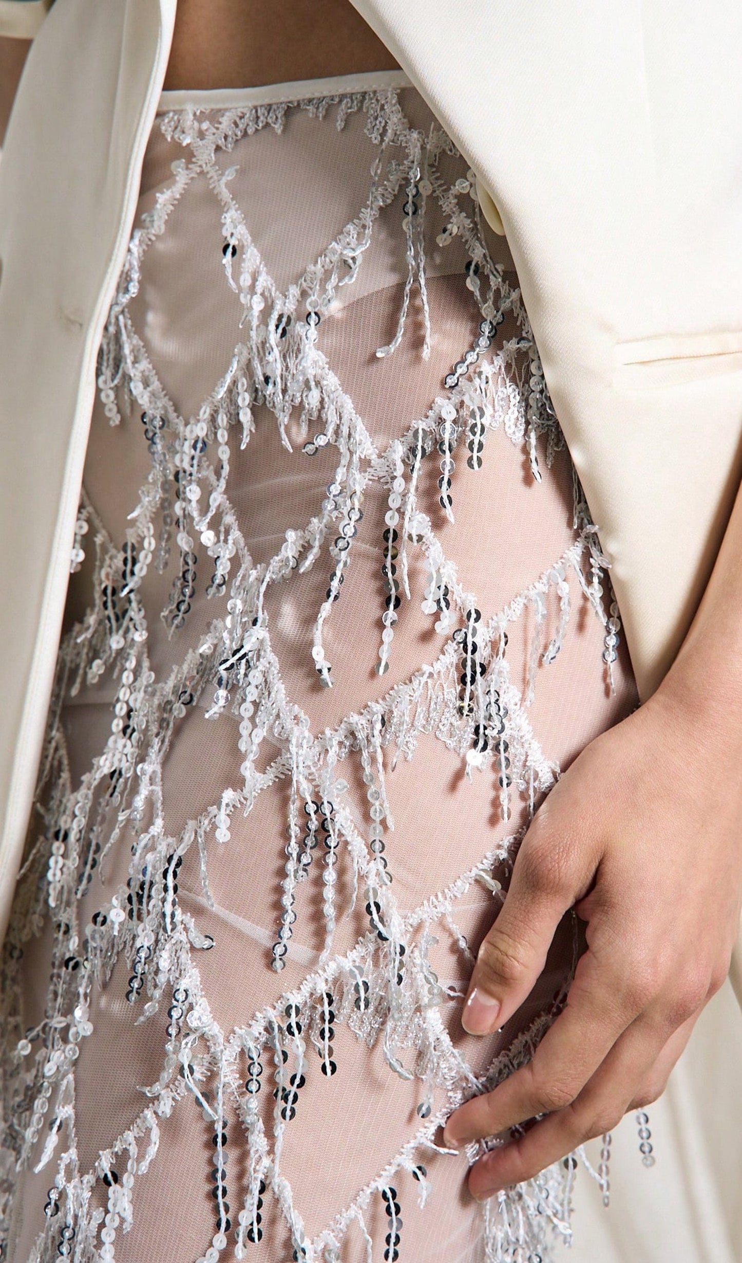 Sheer Sequined Midi Skirt In White