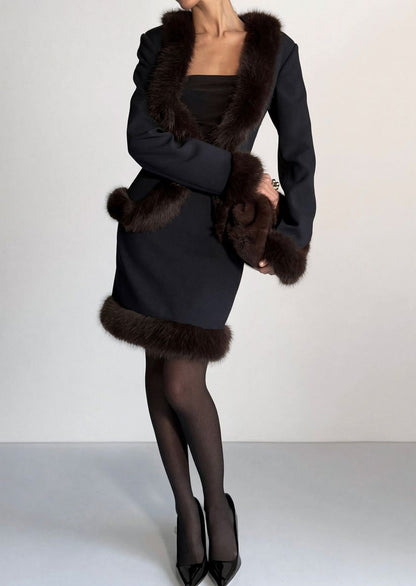Fur Trim Jacket & Sleeveless Mini Dress Set