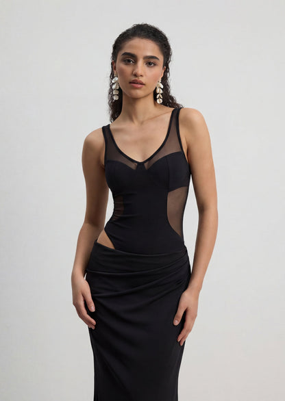 Sleeveless Black Satin Corset Dress