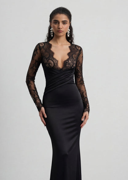Long Sleeve Plunge Neck Lace Maxi Dress