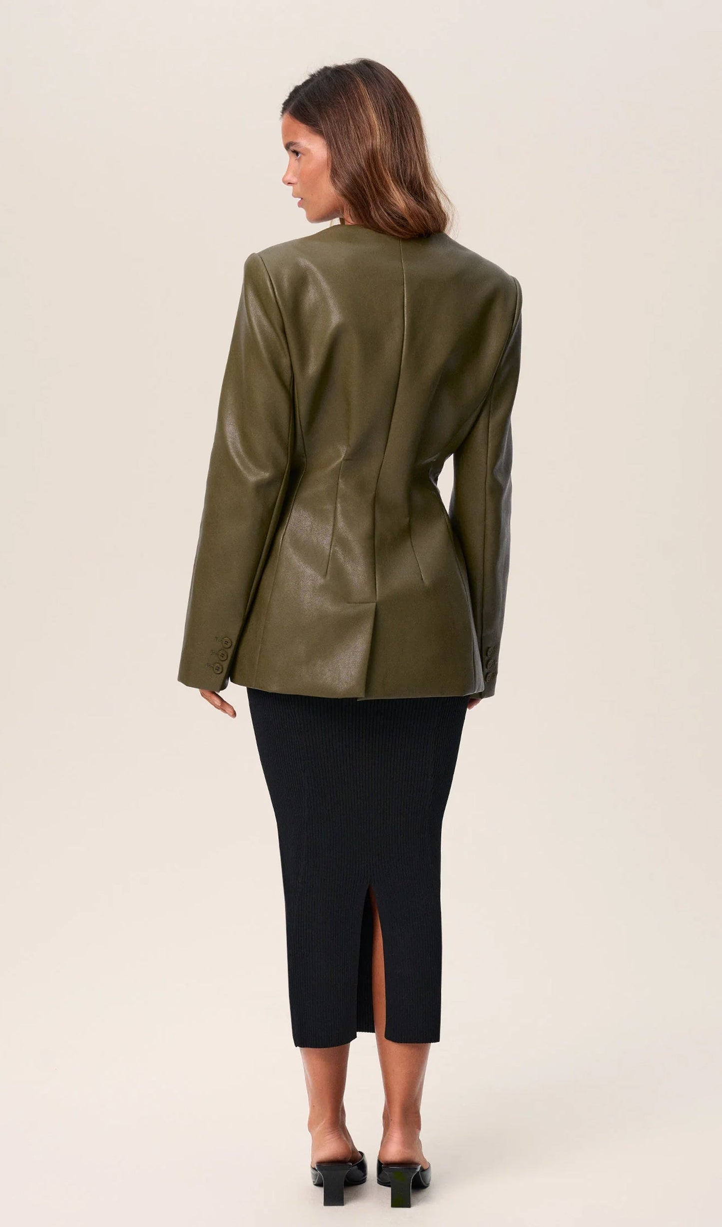Vegan Leather Blazer In Khaki Green