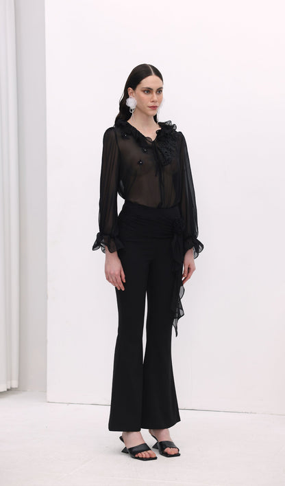 Florwer Detail High Waist Flared Trousers