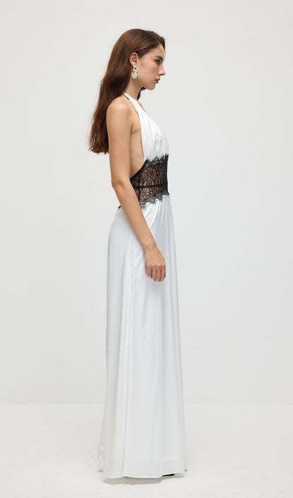 Lace And Satin Maxi Dress In White