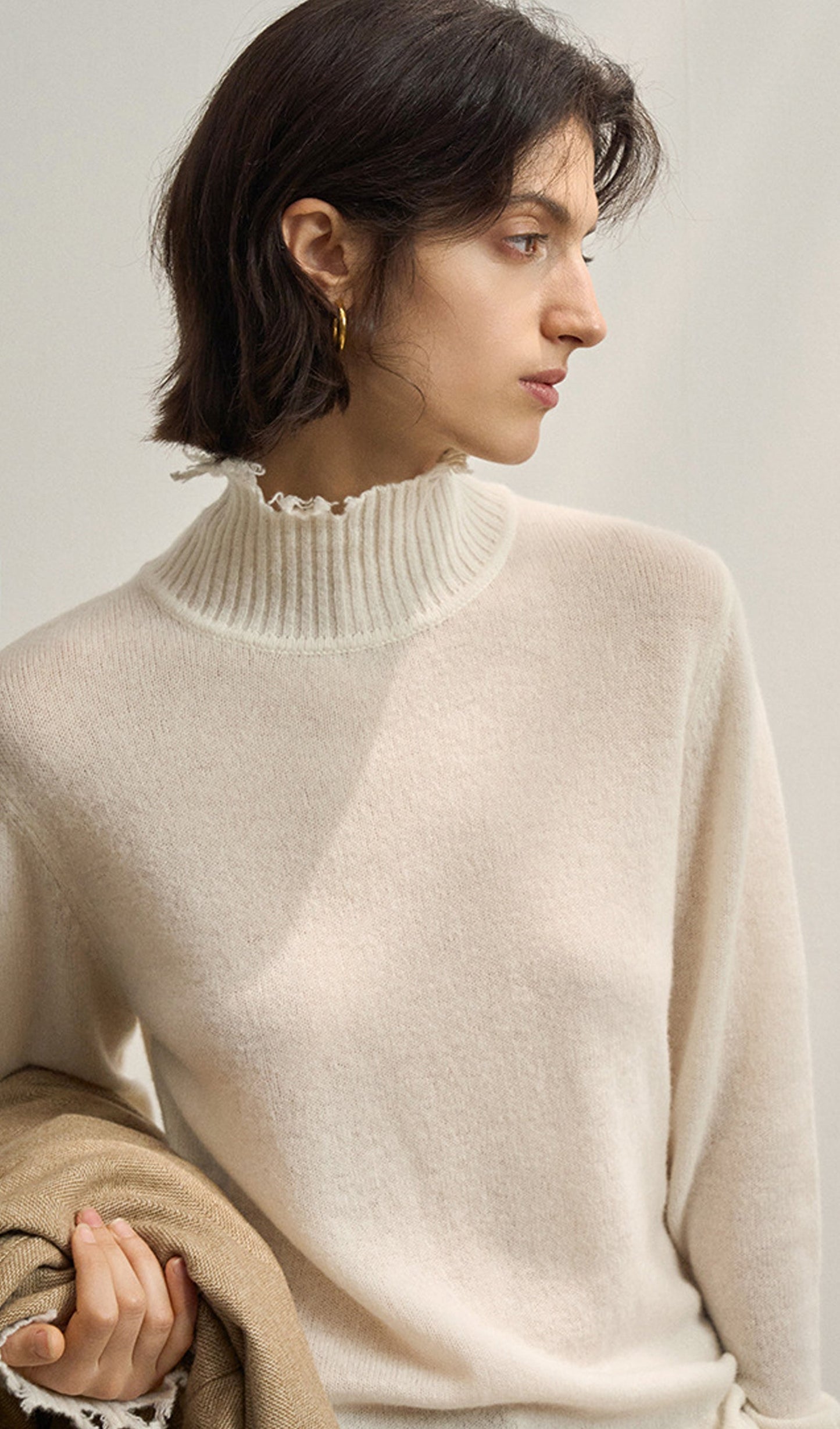 Wool Turtleneck Knit Top In Apricot