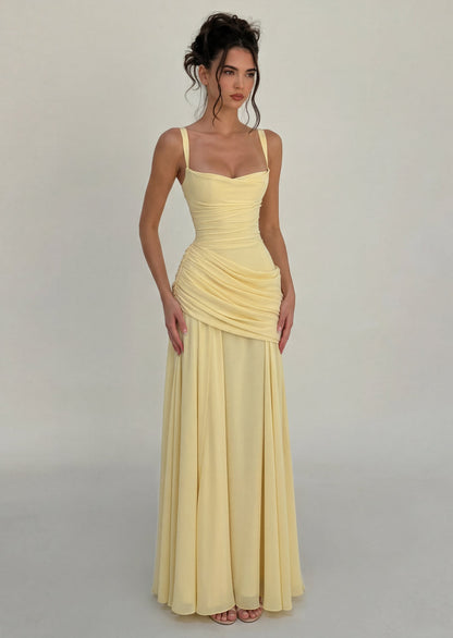 Sura Asymmetric Pleating Maxi Dress In lemon