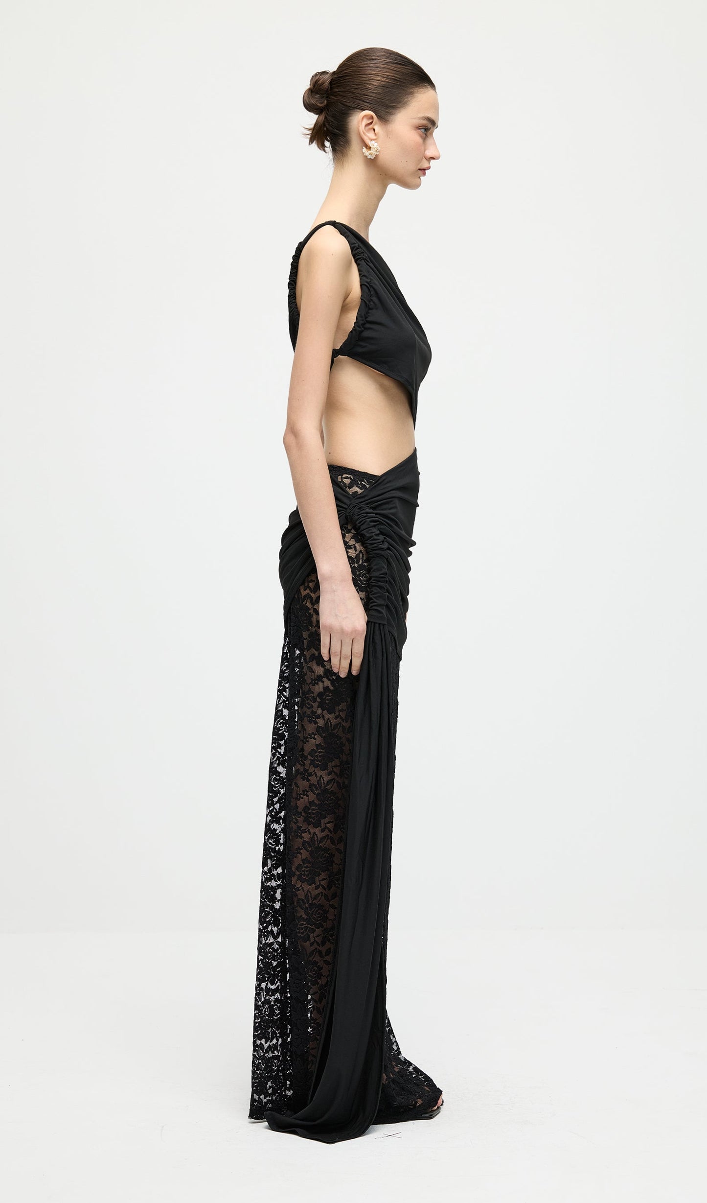 Asymmetric Lace Cut Out Draped Maxi Dress