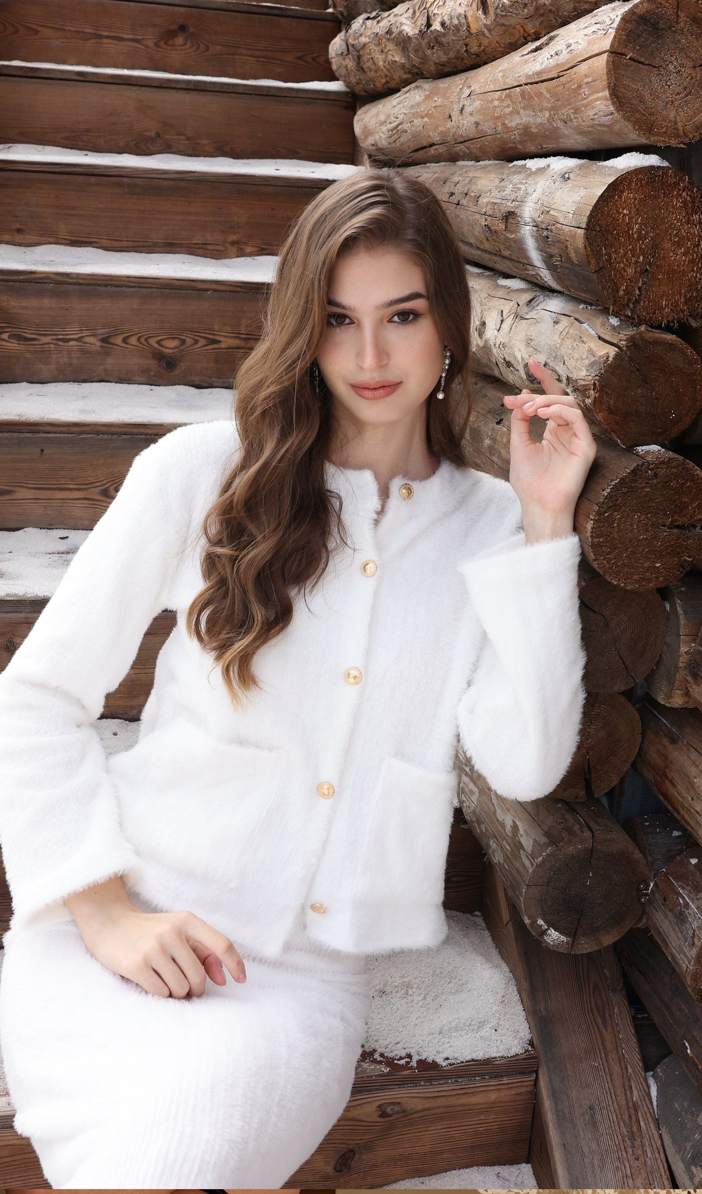 Fluffy Knitted Cardigan & Maxi Skirt Set White