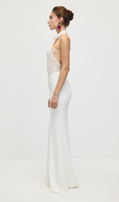 Gathered Lace Jersey Halterneck Dress