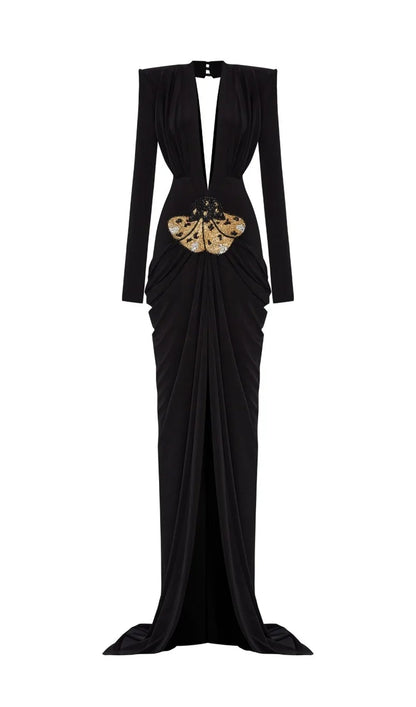 V-Neck Draped And Embroidery Evening Dress