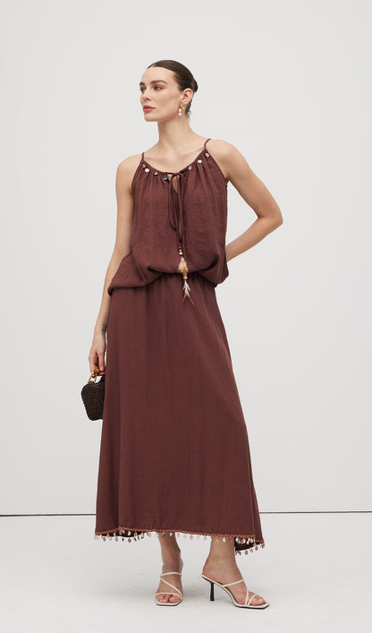 Cotton And Linen Lace Up Midi Skirt Sets