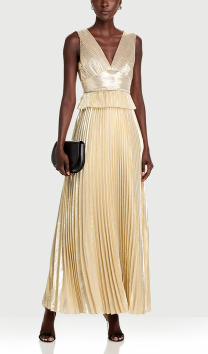 Gold Metallic V Neck Maxi Dress