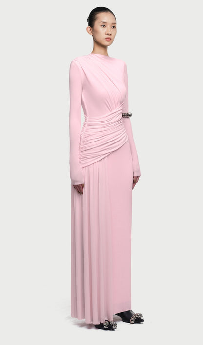 Asymmetrical Maxi Dress With Draped Hip In Pink