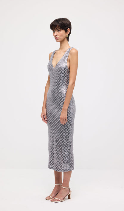 Sleeveless Embellished V Neck Midi Dress
