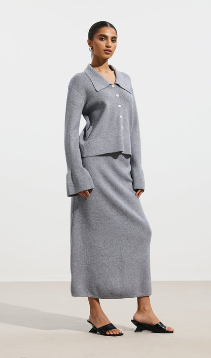 Oversized Collar Knit Top & Midi Skirt Set