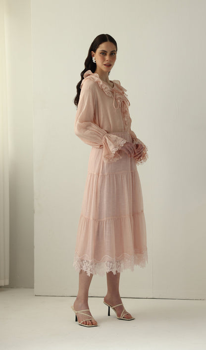V Neck Lace Panel Ruffled Top