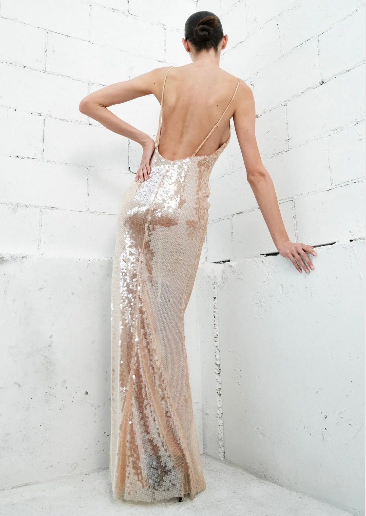 Elastic Mesh Sequin Deep V Neck Maxi Dress