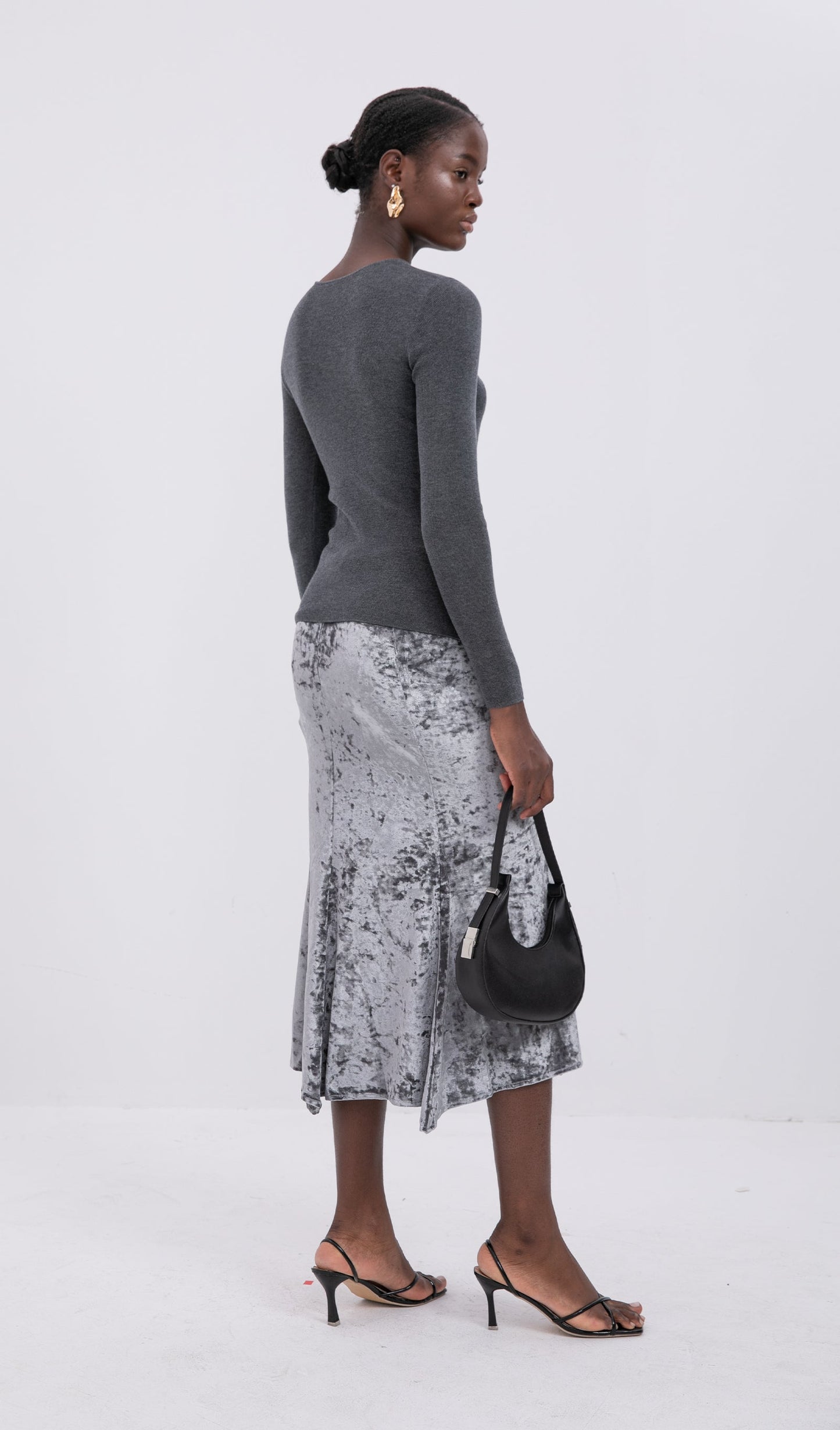 Trendy High Waist Velvet Midi Skirt-Silver