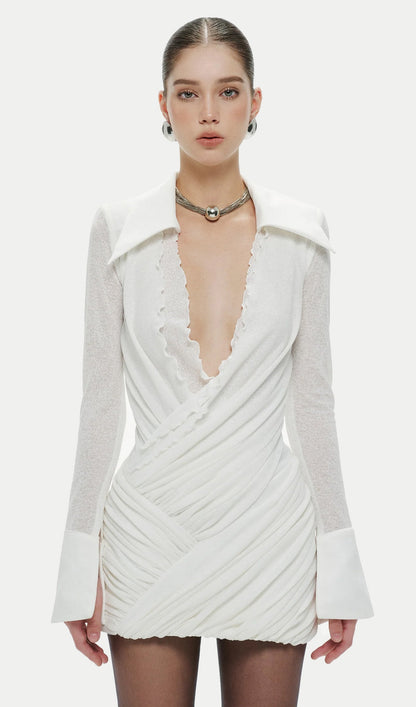 Ruched Wrap-Style Knit Shirt Mini Dress