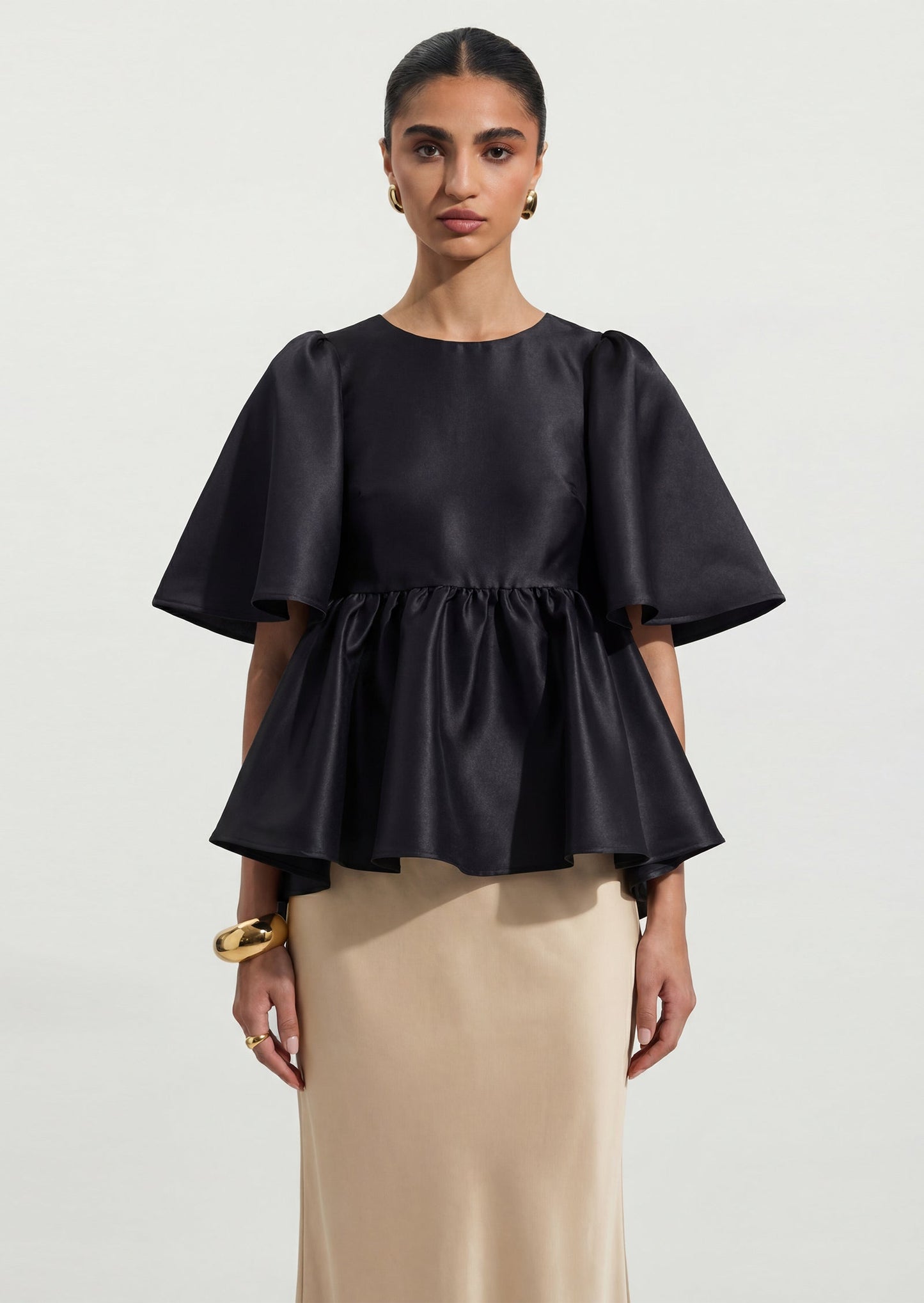 Puff Sleeve Ruffle Top In Black