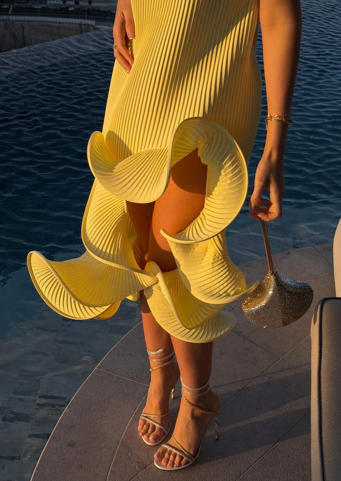 Pleated Sleeveless Irregular Ruffle Midi Dress In Yellow