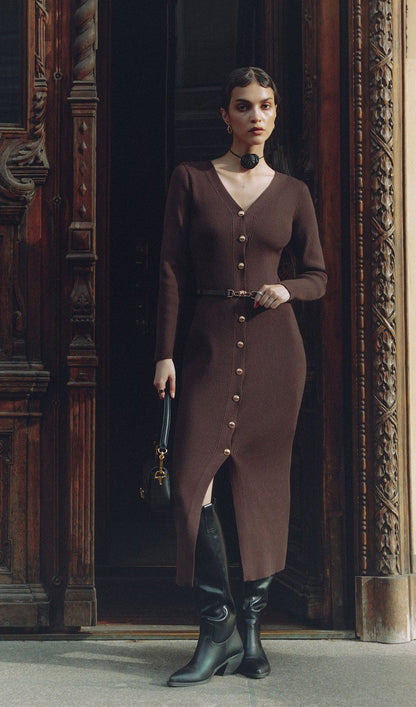Knitted V Neck Midi Dress