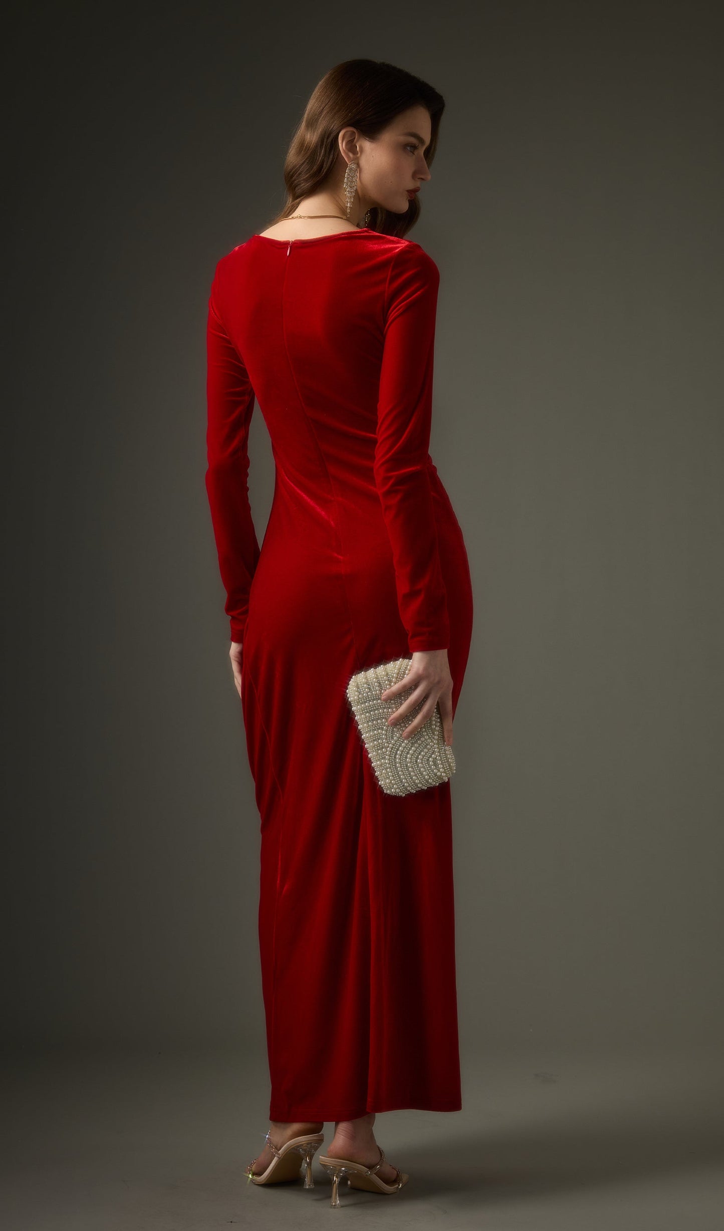 Long Sleeved Gathers  Maxi Dress In Red
