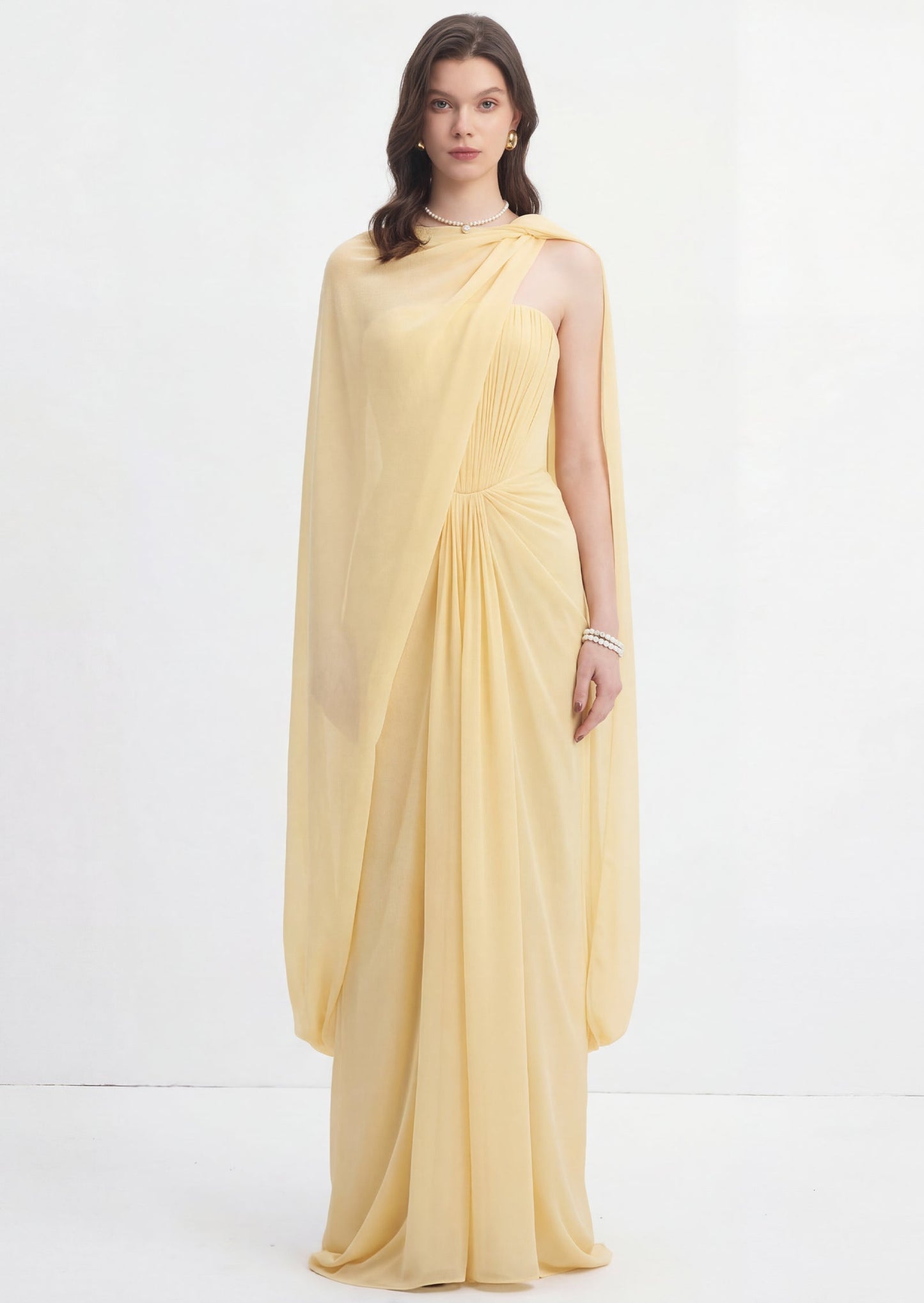 Maison Chiffon Maxi Dress With Cape In Yellow