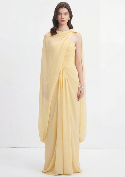 Maison Chiffon Maxi Dress With Cape In Yellow