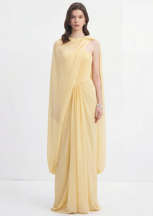 Maison Chiffon Maxi Dress With Cape In Yellow