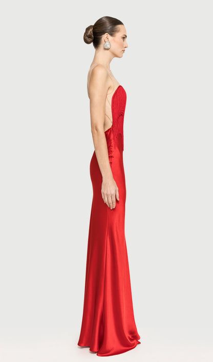 Fringe Detail Satin Maxi Dress With Fur Collar